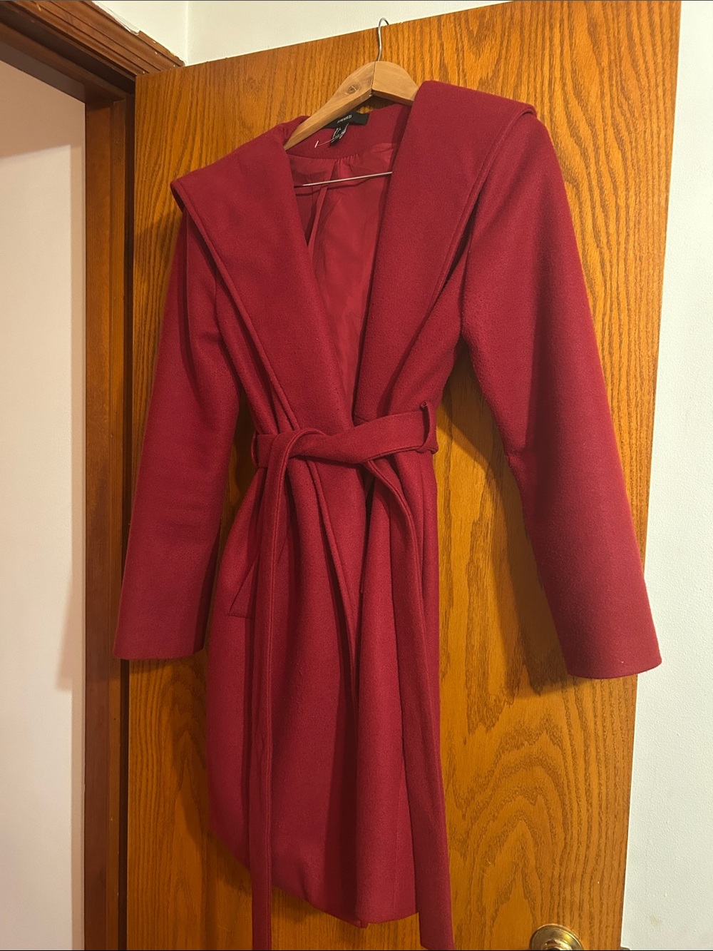 Forever 21 Red Hooded Wrap Belted Coat